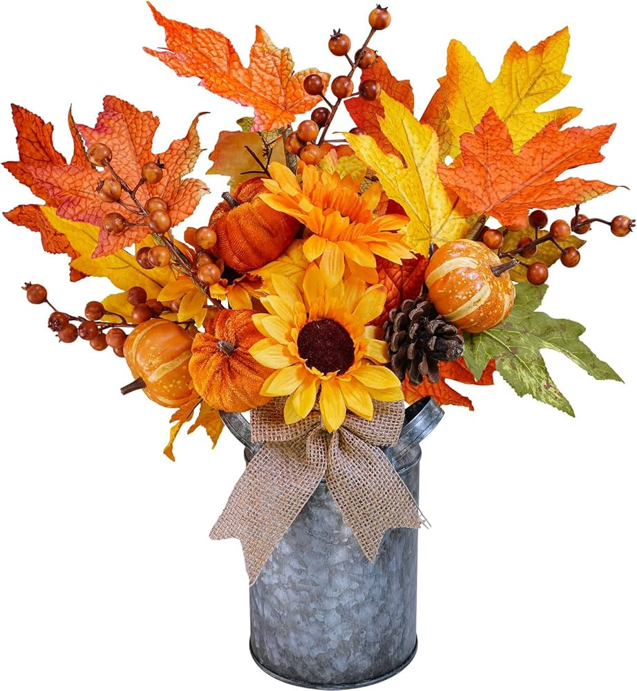 Winlyn 1 Pc Fall Farmhouse Centerpiece Rustic Metal Milk Jug Fall Arrangement Autumn Harvest Oran... | Amazon (US)