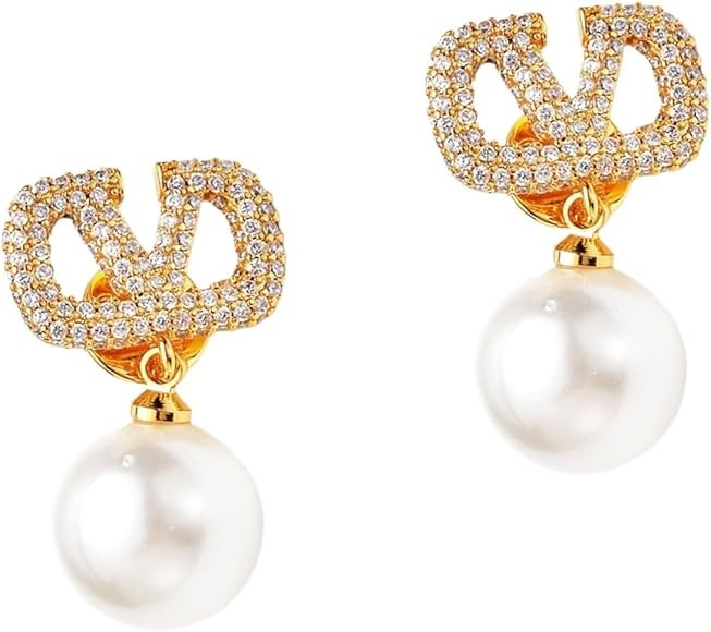 Letter Rhinestone Earrings, Spring and Summer V Letter Rhinestone Pearl Earrings s925 Ladies Silv... | Amazon (US)