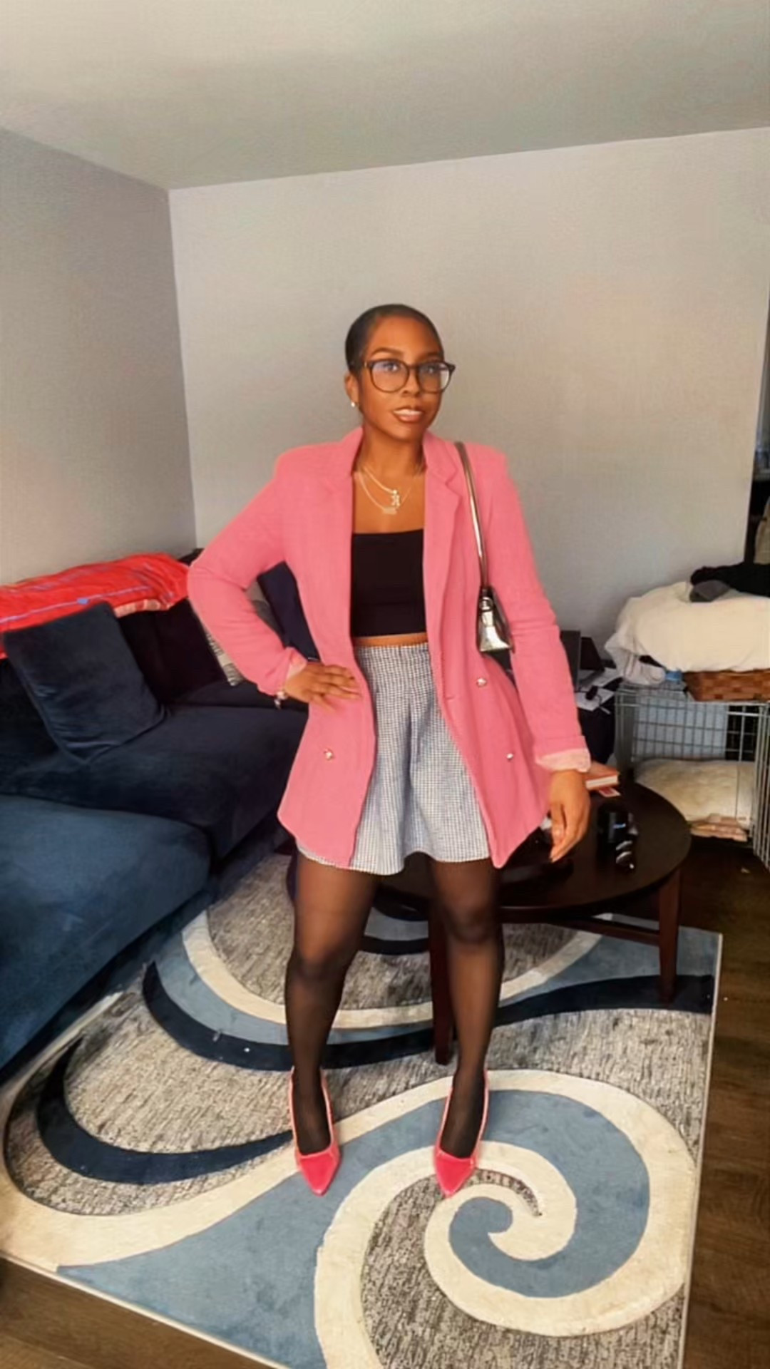 Soft girl outfit with a pink blazer, mini skirt, sheer tights, and pointed-toe heels. Chic, feminine, and perfect for brunch, date night, or a cute city moment. Shop this look on LTK.

#LTKgrwm #LTKValentine #LTKootd