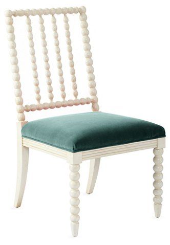 Barton Spindle Side Chair, Ivory/Jade Velvet | One Kings Lane
