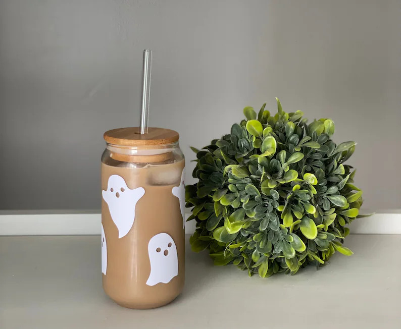 Halloween Themed Drinking Glass Fall Iced Coffee Glass Jar - Etsy | Etsy (US)