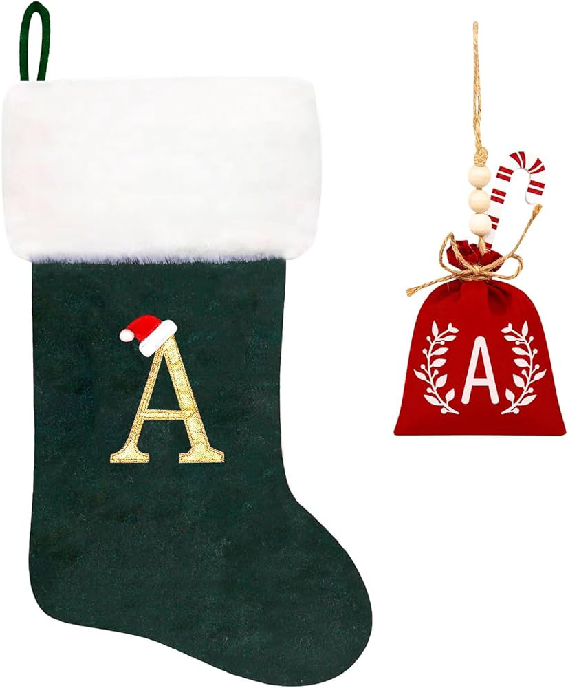 20 Inches Monogram Christmas Stockings Green Velvet with White Super Soft Plush Cuff Embroidered ... | Amazon (US)