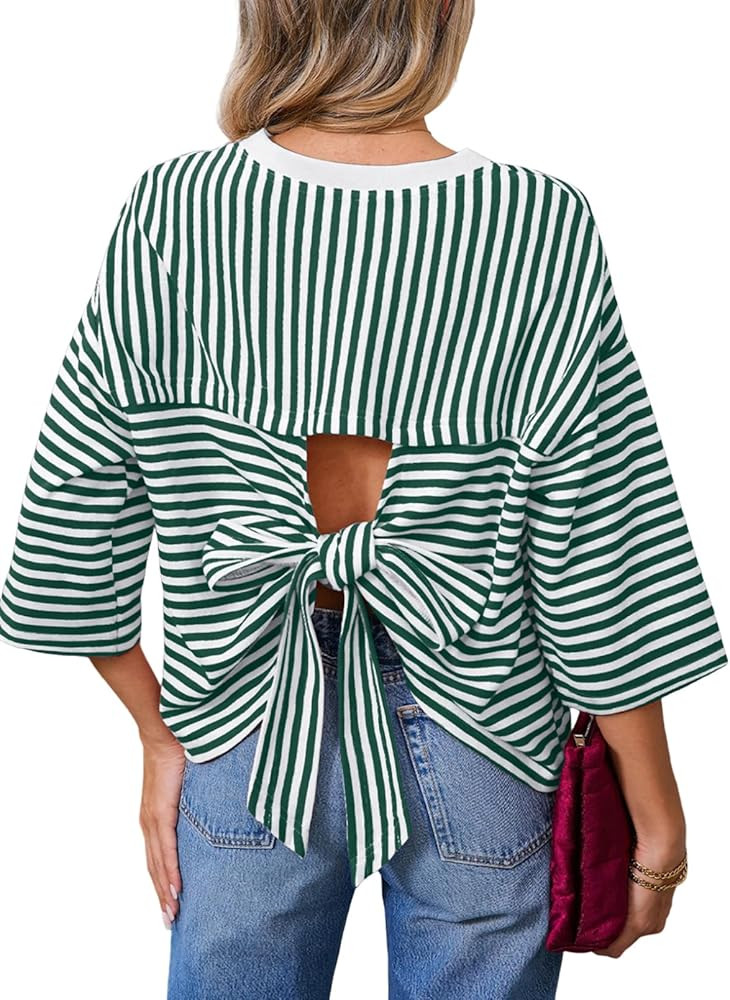 Dokotoo Womens Tops 2026 Striped Tie Back Short Sleeve T Shirts Crewneck Casual Loose Basic Tee S... | Amazon (US)