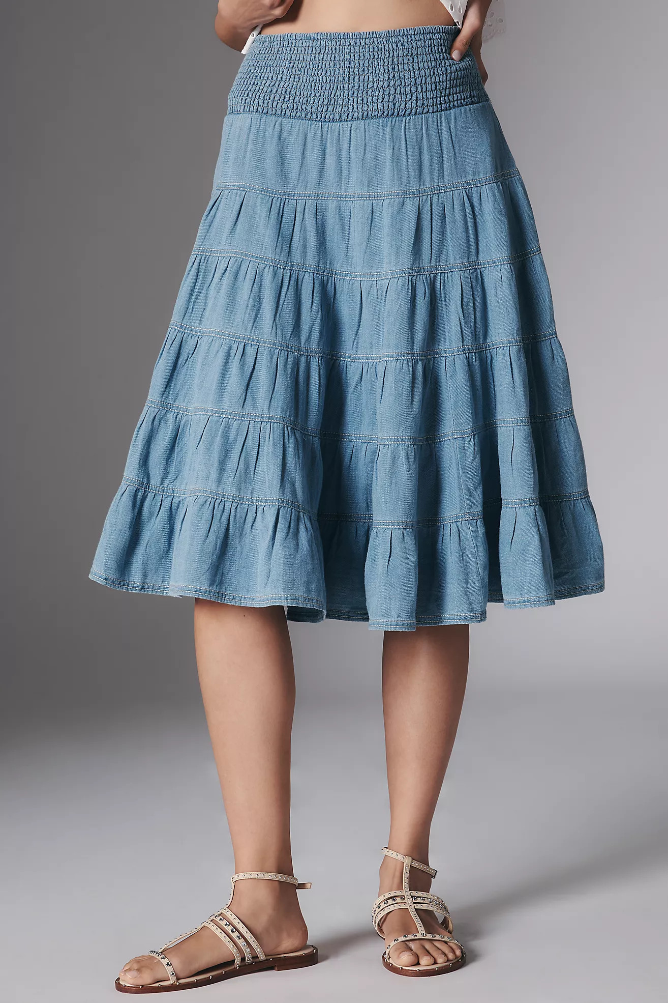 The Reese Smocked Denim Pull-On Midi Skirt | Anthropologie (US)