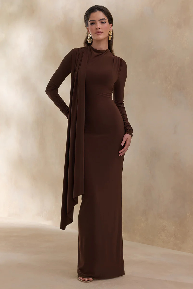Amaria  Brown High-Neck Maxi Dress With Sash-Detail | Club L London
