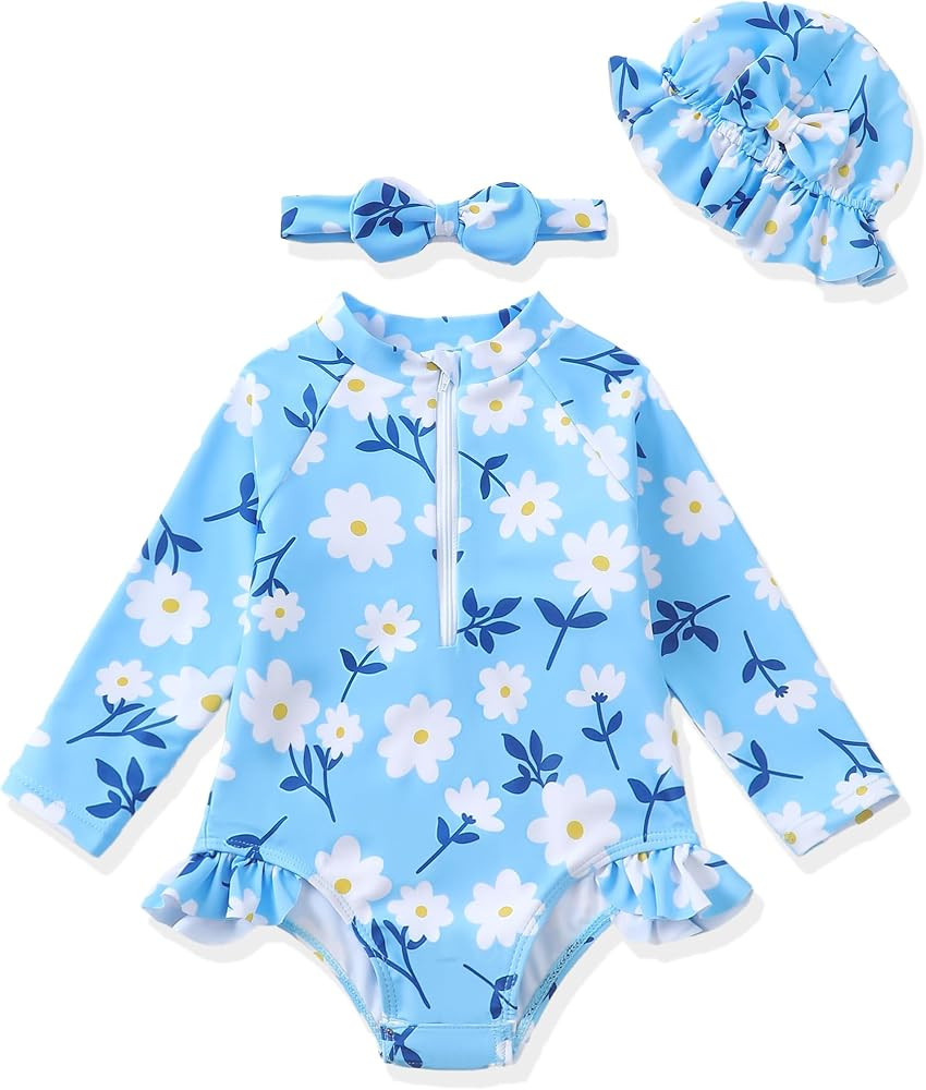 Baby Swimsuit Girl Summer One-Piece Infant Bathing Suit with Hat Long Sleeve Ruffle Zipper Rash G... | Amazon (US)