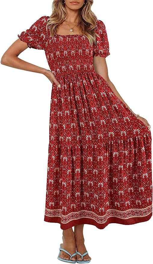 ZESICA Women's Summer Boho Floral Print Square Neck Ruffle Swing Beach Long Maxi Dress | Amazon (US)