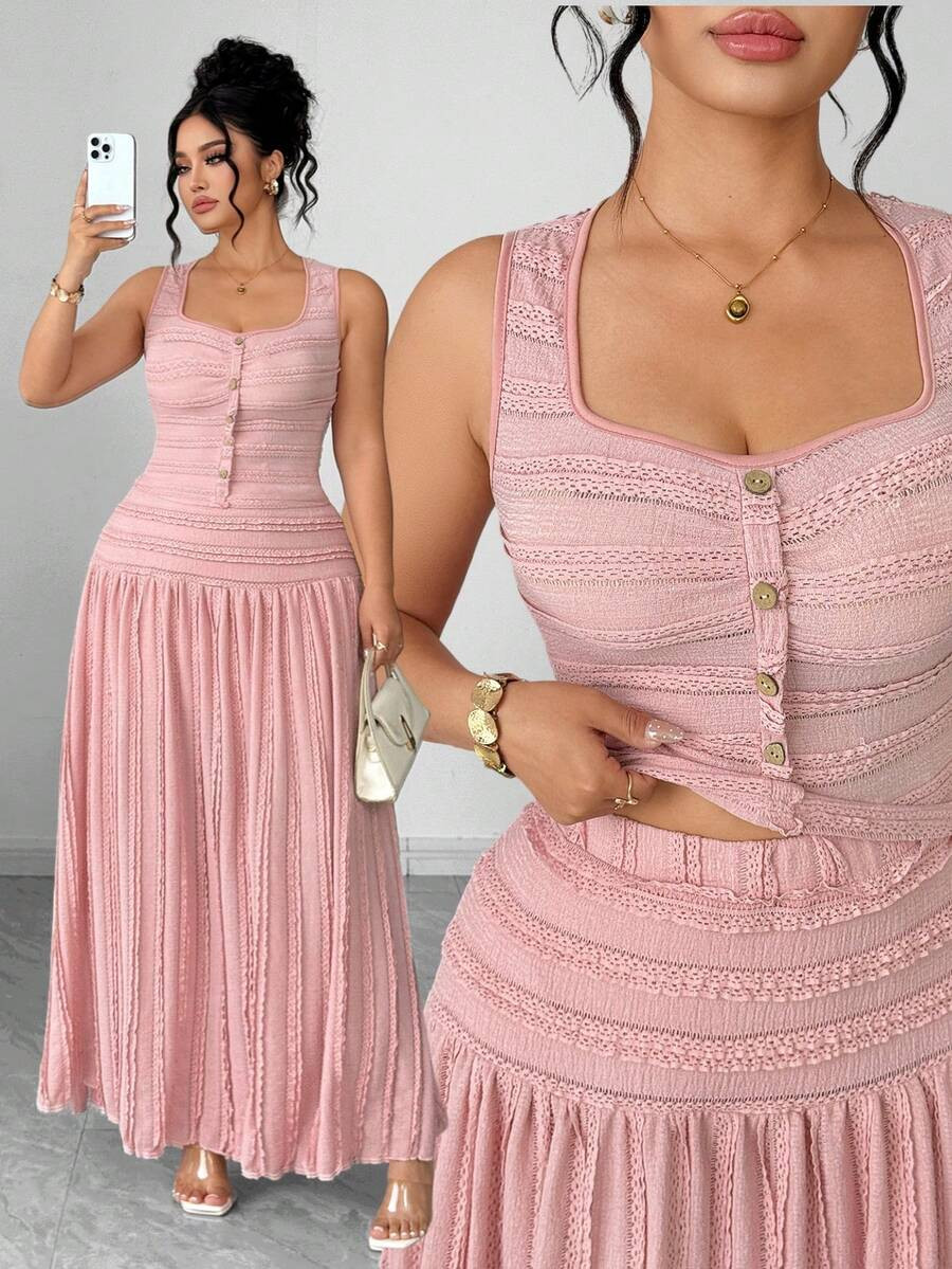 Elenzga Chic Dusty Pink Knitted Co Ord With Ruched Square Neck Camisole And Long Skirt Ladies Cas... | SHEIN