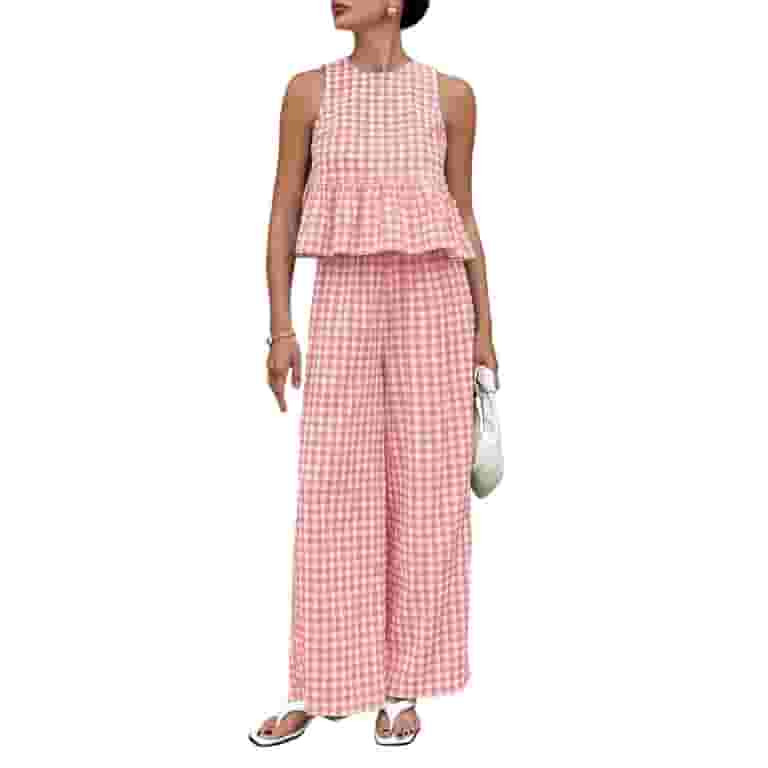 Women'S 2 Piece Gingham Set Summer Outfits Ruffle Tank Top and Wide Leg Pants Matching Lounge Set | Walmart (US)