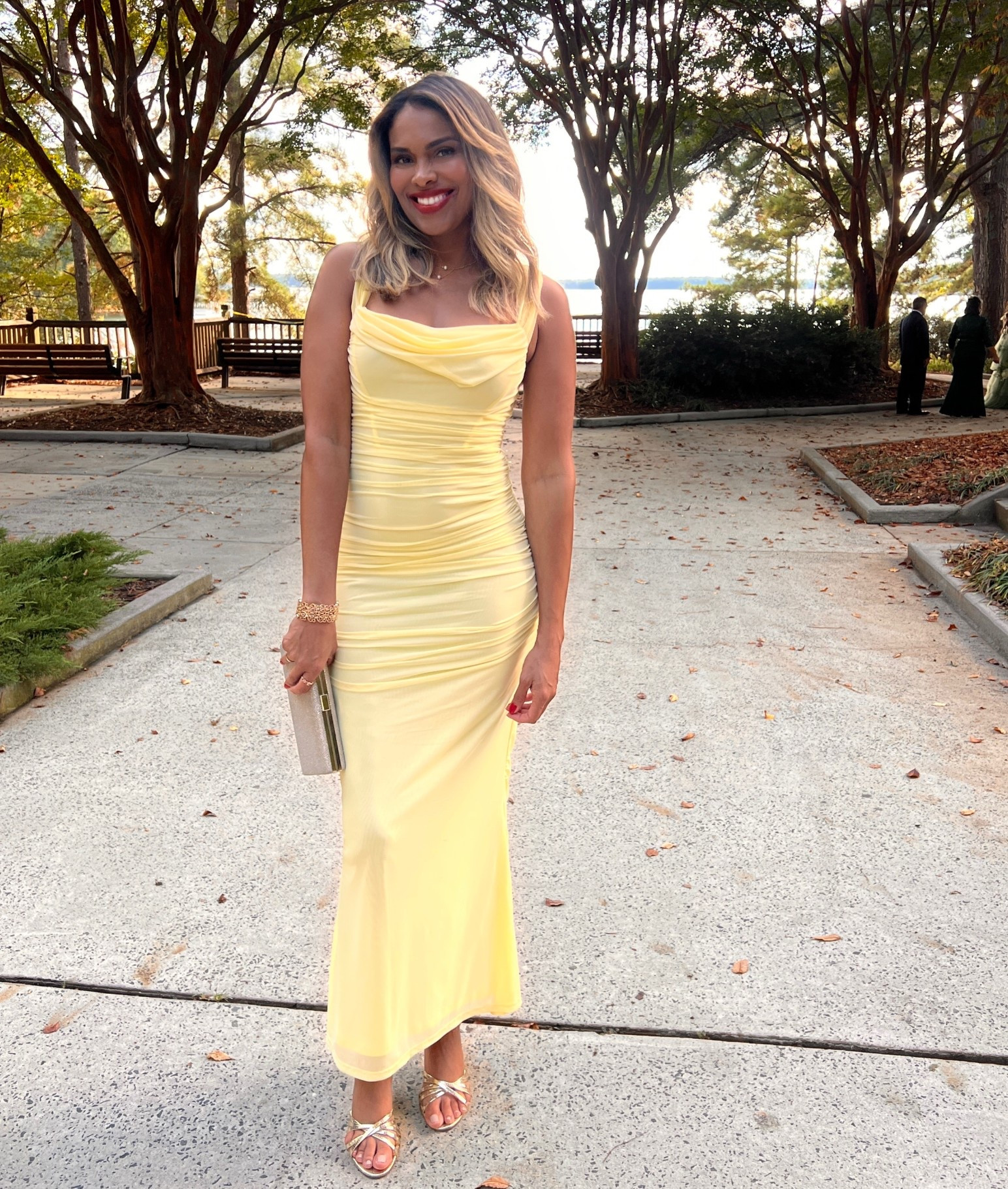 Wore this dress from Shein to a Wedding this past weekend. The yellow was a perfect choice for me but it comes in so many colors! Under $40 with shipping and taxes and it shipped fast, also true to to size (wearing size Small) and the style in the mid section helped tremendously with tummy control. I paired it with my gold Steve Madden Rolla sandals from Nordstrom Rack and a cluch, the clutch is old from Burlington but I tagged similar products. Unfortunately the Rolla sandal is sold out in gold but there are other colors available, including natural which I tagged, red and black. This whole look was a stunner and head turner. Highly recommend you order asap! 💛 

#LTKOver40 #LTKFindsUnder50 #LTKWedding