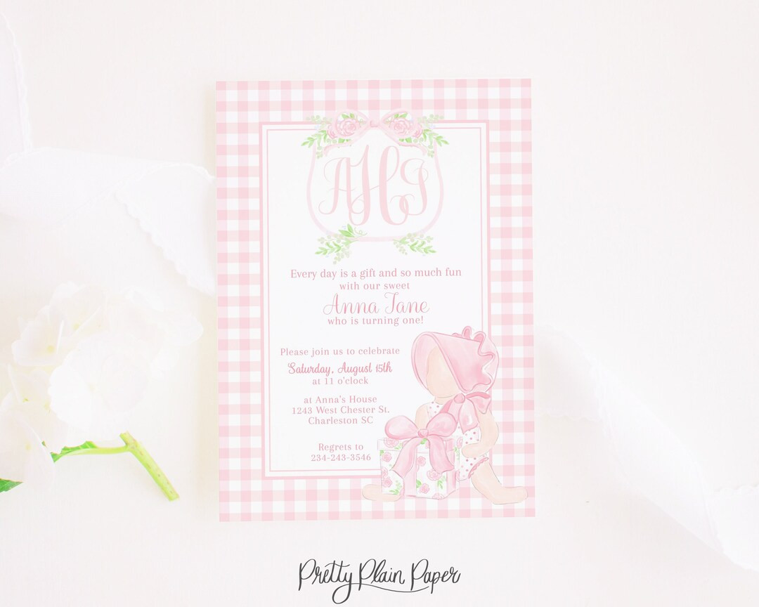 Watercolor Every Day is a Gift Invitation with Monogram Crest and Pink Gingham | 5x7 Printable | ... | Etsy (US)