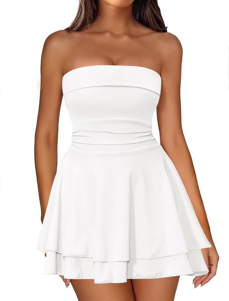 IWD Women's Sexy Tube Top Mini Dress Strapless Ruched Corset Waist Tiered Ruffle Hem Short Party ... | Amazon (US)