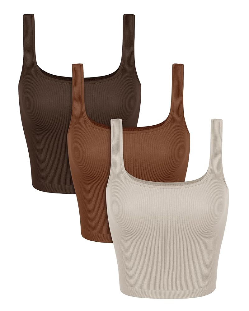 ODODOS 3-Pack Seamless Square Neck Crop Tank for Women Ribbed Knit Soft Low Back Cropped Tops | Amazon (US)