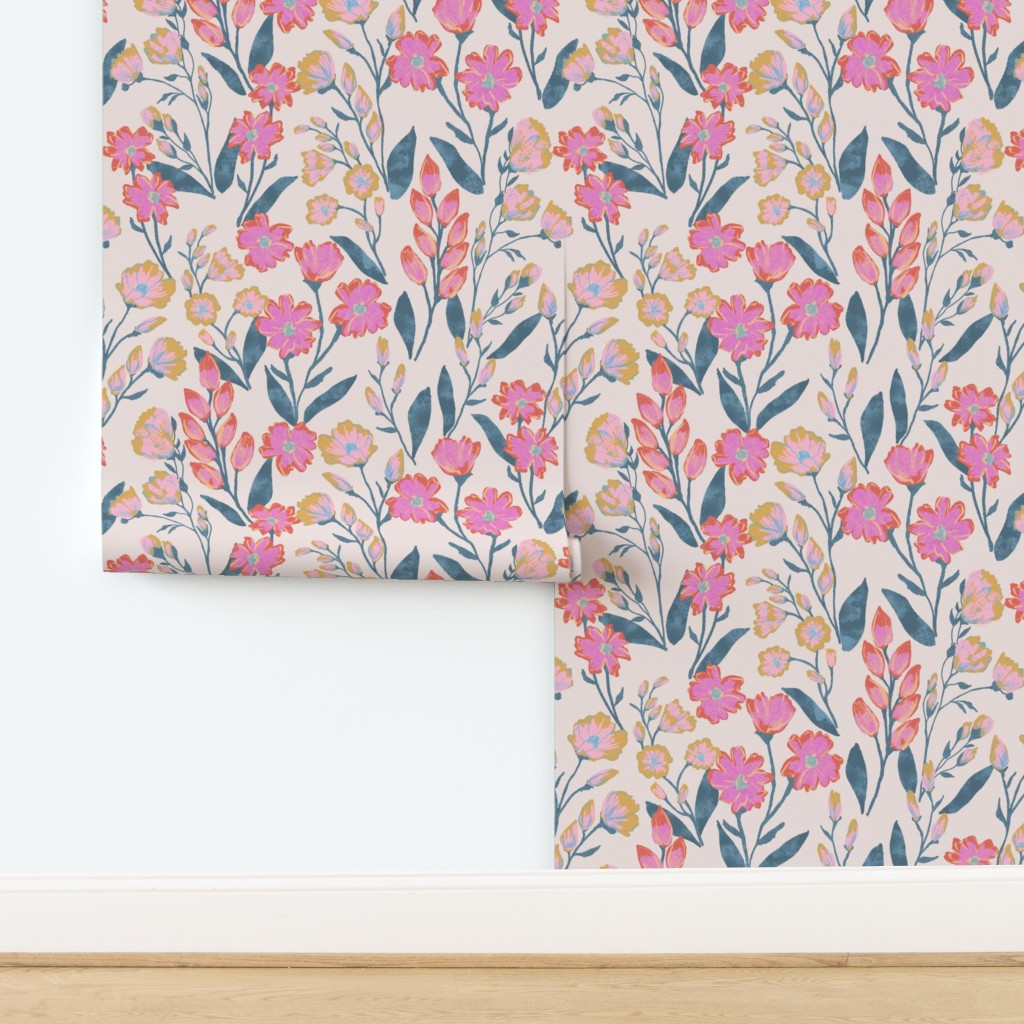 Penelope botanical hand drawn boho Floral ivory pop pink yellow green Wallpaper | Spoonflower | Spoonflower