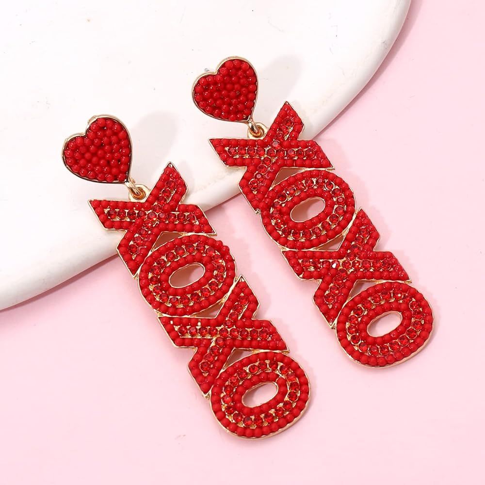 Valentine’s Day Earrings, Beaded Heart Earrings for Women Rhinestone Glitter XOXO LOVE Earrings... | Amazon (US)