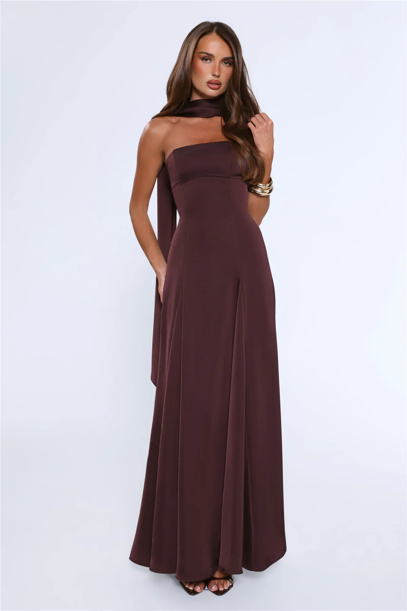 Satin Tempt Strapless Maxi Dress Chocolate | Hello Molly (US)