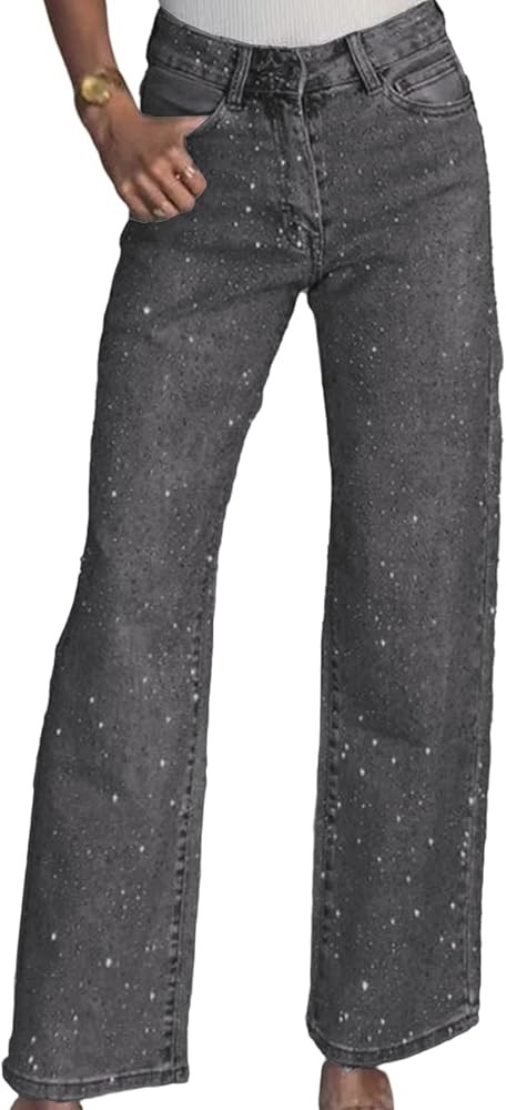 Famnbro Womens Rhinestone Jeans Baggy Y2K High Waisted Straight Wide Leg Sparkly Bling Glitter De... | Amazon (US)