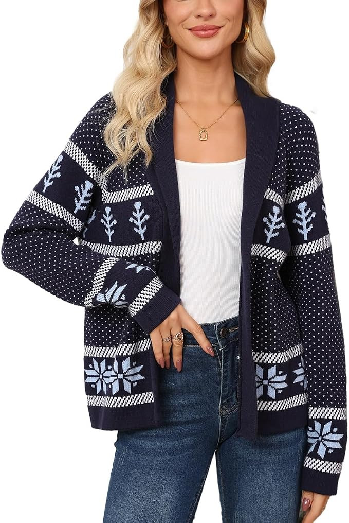 Ladyful Long Sleeve Christmas Sweater Cardigan Womens Casual Open Front Snowflake Xmas Knit Shawl... | Amazon (US)