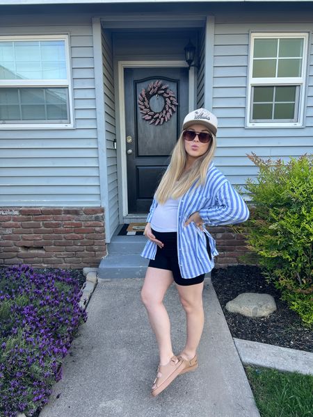 I sized up to a medium in the stripped button down and wearing my true size XS in the maternity bike shorts + my sandals are on sale for $25.99 💙

#LTKshoecrush #LTKbump #LTKstyletip