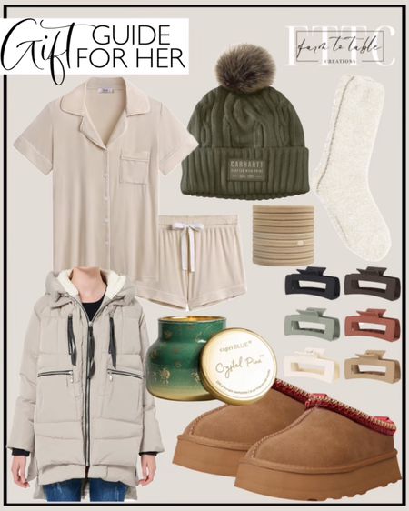 Gift Guide for Her. Follow @farmtotablecreations on Instagram for more inspiration. Carhartt Women's Knit Pom Beanie. Orolay Women's Thickened Down Jacket. Sisiaipu 4 Inch Big Hair Claw Clips 6 Pcs for Thick Hair Square Hair Clips for Women Rectangle Nonslip Acrylic Banana Jaw Clips Hair Accessories for Girls. Gimme Beauty - Fine Hair Ties - No Damage Hair Bands - Blondie - Seamless Microfiber Elastics - Hair Accessories With All Day Hold - No Snagging, Dents, or Breakage Hair Tie Pack (9 count). Barefoot Dreams THE COZYCHIC HEATHERED WOMEN'S SOCKS. LANSGELING Platform Slippers Mini Boots for Women Fleece Lined Boots Platform Boots Anti-Slip Snow Platform Slippers for Women Outdoor. Joyaria Womens Viscose Pajama Button Down Short Sleeve Pj Set-Small. Capri Blue Glimmer Petite Signature Jar - Crystal Pine Scented Candle with Ombre Glass Candle Holder - Luxury Aromatherapy Candle - 8 Oz - Emerald Green and Gold. Christmas Gifts. Gifts for Mom. Gifts for Sister. Gifts for BFF. 

#LTKsalealert #LTKHoliday #LTKfindsunder50