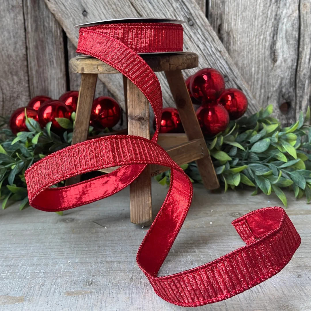 1 Red Pleated Metallic Ribbon, Farrisilk Ribbon, Wired Ribbon, Holiday Ribbon, Pleated Metallic R... | Etsy (US)
