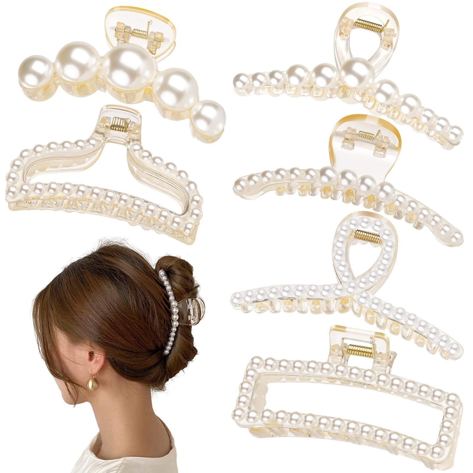 Leezmark Pearl Hair Claw Clips, Large Barrettes for Thin, Thick, Curly or Long Hair, White Jaw Cl... | Amazon (US)