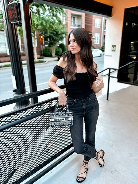 Date night outfit, date night style, date night, outfit of the night, evening outfit, off the shoulder top, dior book tote mini, lace sandals, black denim, Nashville outfit 

#LTKFindsUnder100 #LTKStyleTip #LTKItBag