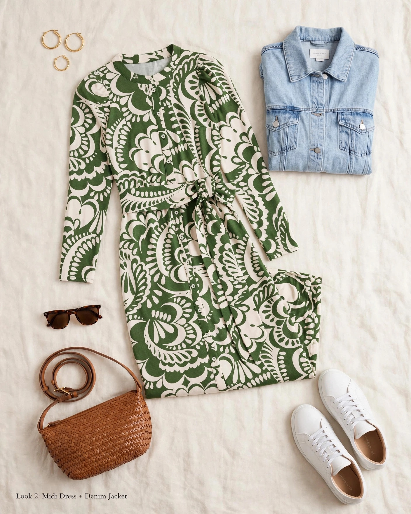 The one-and-done dress formula. Green paisley midi shirtdress (wearing in olive green - THE color for fall) + cropped denim jacket + white sneakers. Swap to block heels for dinner.

#LTKootd #LTKOver40 #LTKWorkwear