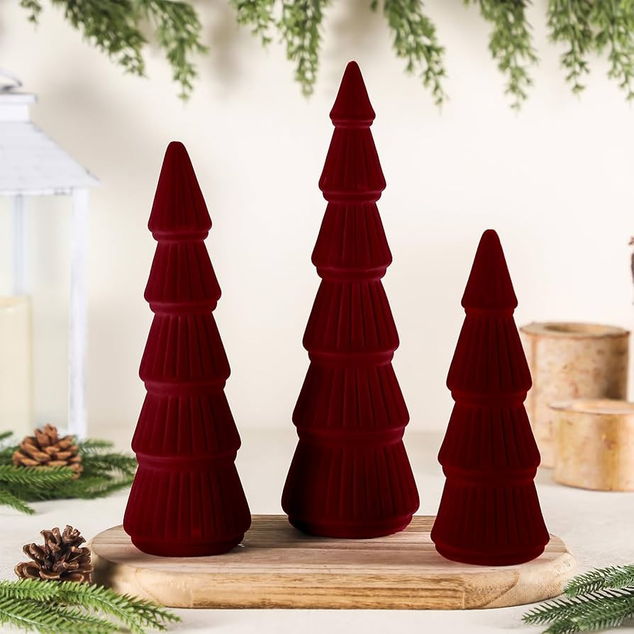 Bucherry 3 PCS Velvet Christmas Tree Figurines Decoration - 8" 10" 14" Modern Cone Christmas Tabl... | Amazon (US)
