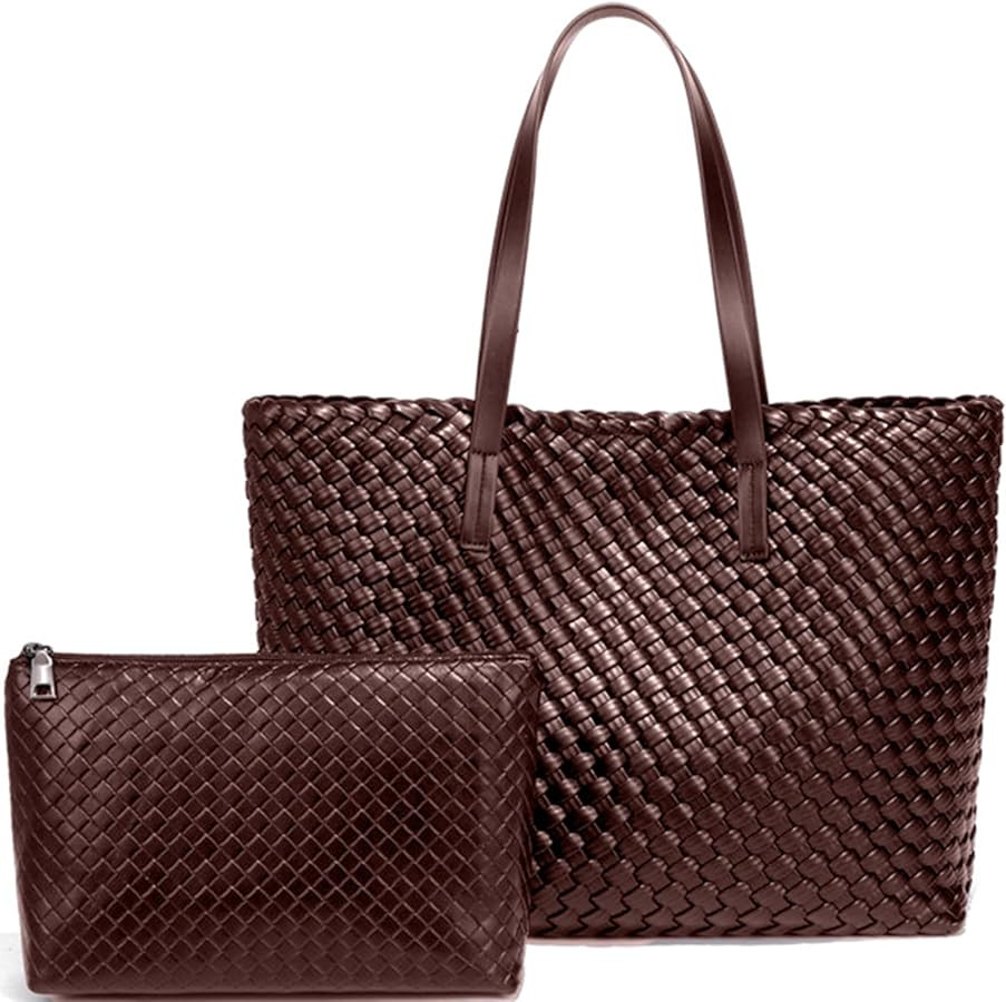 Large Capacity Shoulder Handbag Woven Leather Tote Bag with Matching Pouch Travel Lightweight | Amazon (US)