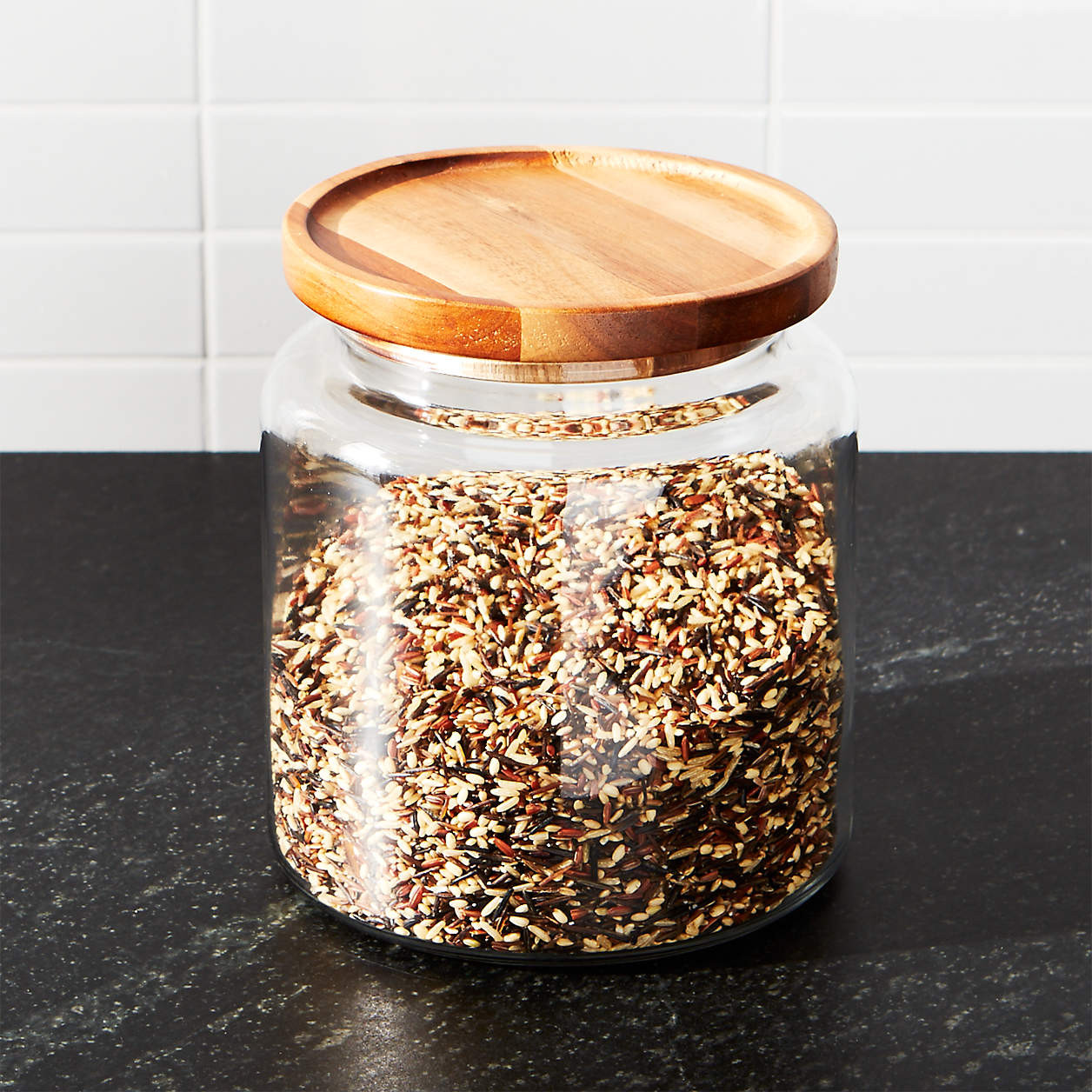Montana 48-Oz. Small Acacia and Glass Jar + Reviews | Crate & Barrel | Crate & Barrel
