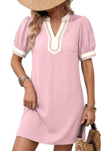 Dokotoo Spring Dresses for Women 2026 Puff Short Sleeve Color Block V Neck Summer Casual A-Line Babydoll Mini Tunic Shift Dress Wedding Guest Party Beach Vacation Outfits Sundresses Pink Large | Amazon (US)
