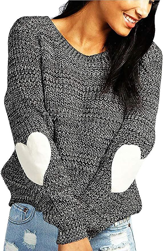 shermie Women's Cute Heart Pattern Elbow Patchwork Casual Long Sleeve Round Neck Knits Sweater Pu... | Amazon (US)