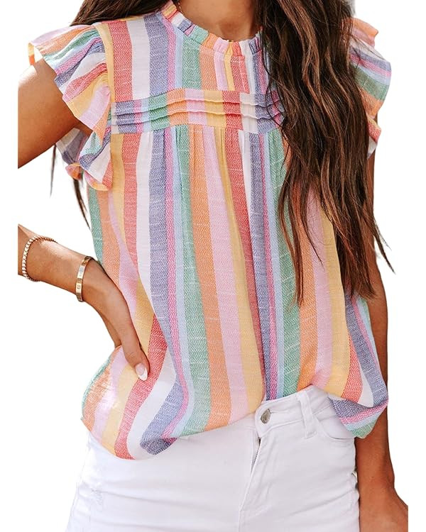 TimeMark Women's Summer Ruffle Trim Neckline Tank Tops Double Lined Sleeveless Chiifon Shirts Blo... | Amazon (US)