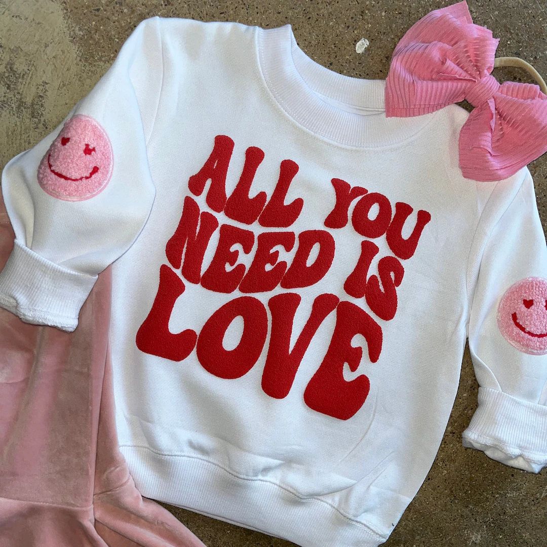 All You Need Is Love | Valentines Day Sweatshirt | Toddler Youth | Smiley Puff Vinyl, kids Valent... | Etsy (US)