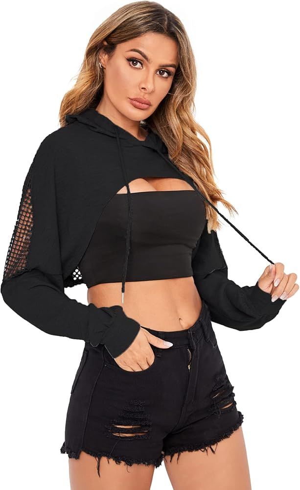Verdusa Women's Sheer Fishnet Drop Shoulder Drawstring Hoodie Crop Sweatshirt | Amazon (US)