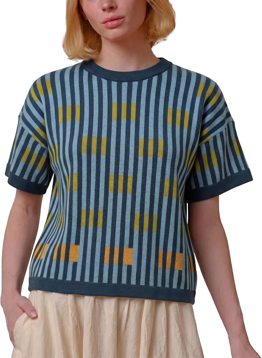 Hixiaohe Vintage Short Sleeve Sweater for Women Casual Striped Knit Tops | Amazon (US)