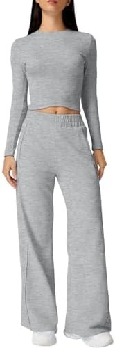QINSEN Womens 2 Piece Sets Long Sleeve Slim Fit Crop Tops Wide Leg Pants Matching Lounge Set | Amazon (US)