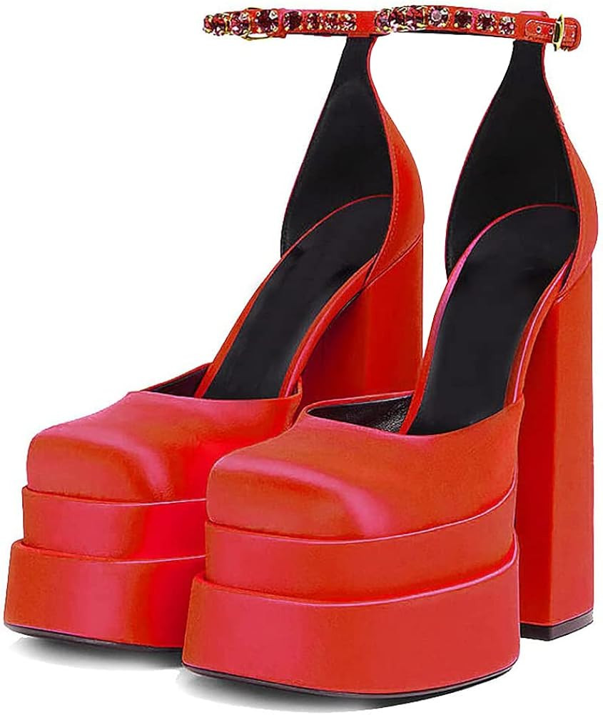 VARECOLA Women Silk Satin Chunky Pumps Shoes Rhinestone Belt Platform Ankle Strap Block High Heel... | Amazon (US)