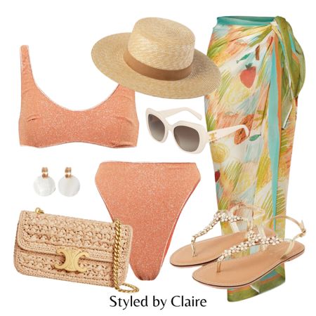 Beach club glam🍸
Tags: printed sarong in sage green, peach glitter bikini, Celine bag and sunglasses, flower sandals embellished, classy straw hat, accessories. Fashion summer inspo outfit ideas for Ibiza dubai holiday pool side Marbella 

#LTKstyletip #LTKitbag #LTKSeasonal