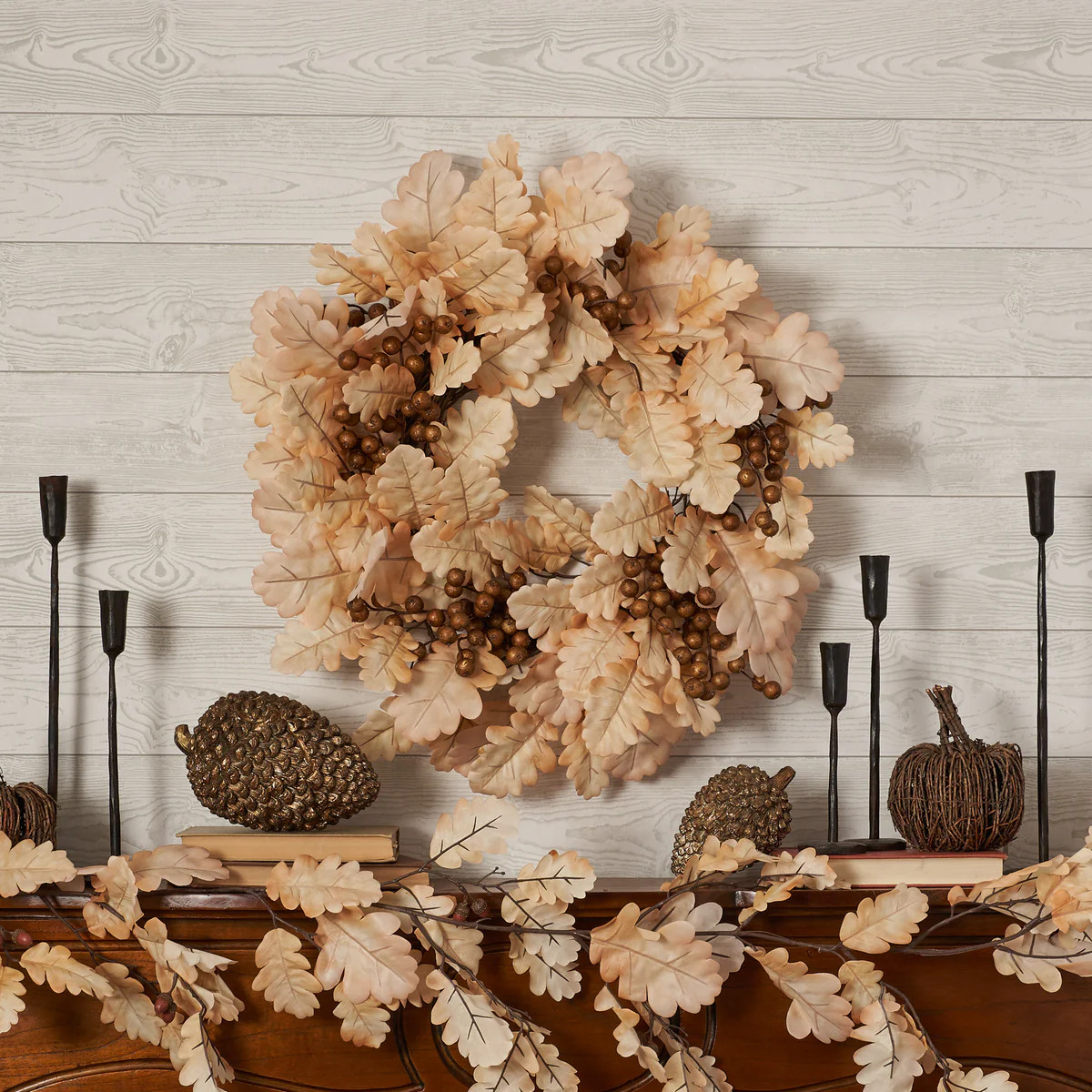 Bleached Cream Oak Leaf & Toffee Brown Berry Fall Autumn Mantle Front Door Wreath | Darby Creek Trading