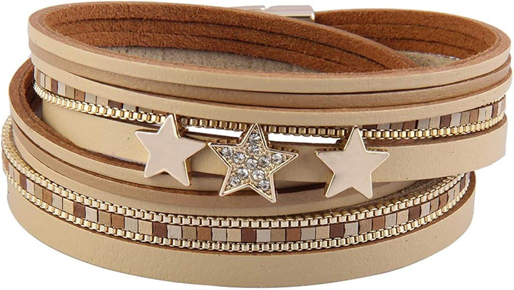 TASBERN Casual Leather Wrap Bracelet Handmade Colorful Strands Wrap Bracelets Stars Cuff Bracelet... | Amazon (US)