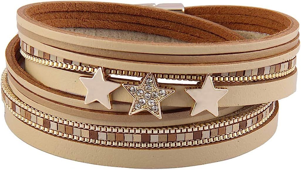 TASBERN Casual Leather Wrap Bracelet Handmade Colorful Strands Wrap Bracelets Stars Cuff Bracelet... | Amazon (US)
