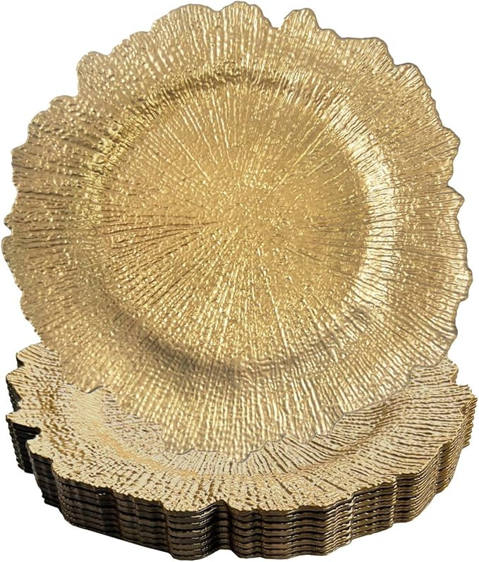 WELMATCH Gold Plastic Reef Charger Plates - 12 pcs 13 Inch Round Floral Sponge Charger Plates Wed... | Amazon (US)