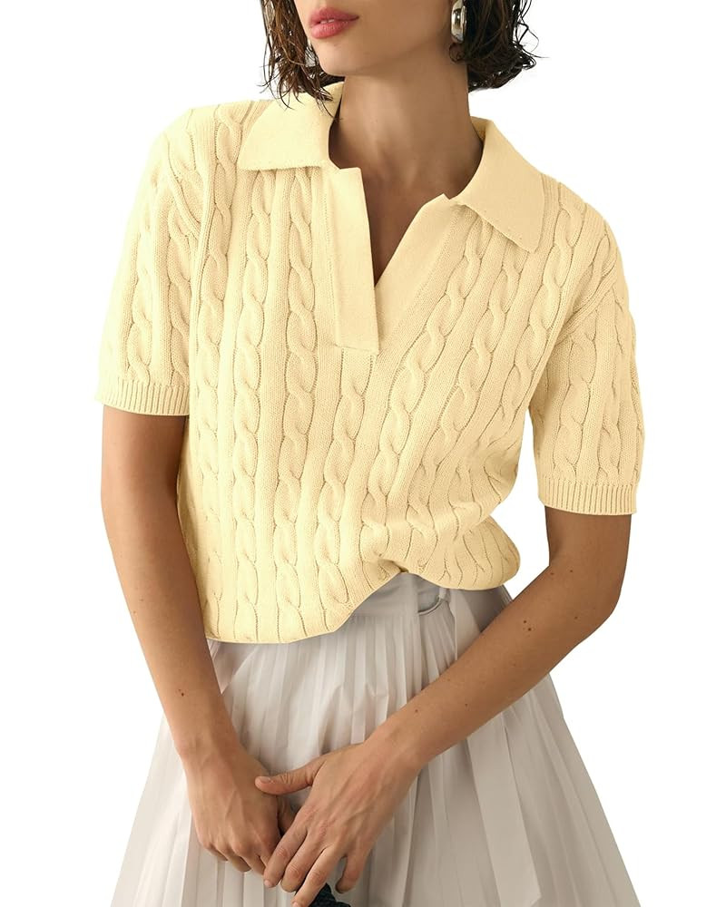 Imily Bela Women's Cable Short Sleeve Sweaters Tops Solid Lapel V Neck Knit Casual Soft Pullover ... | Amazon (US)