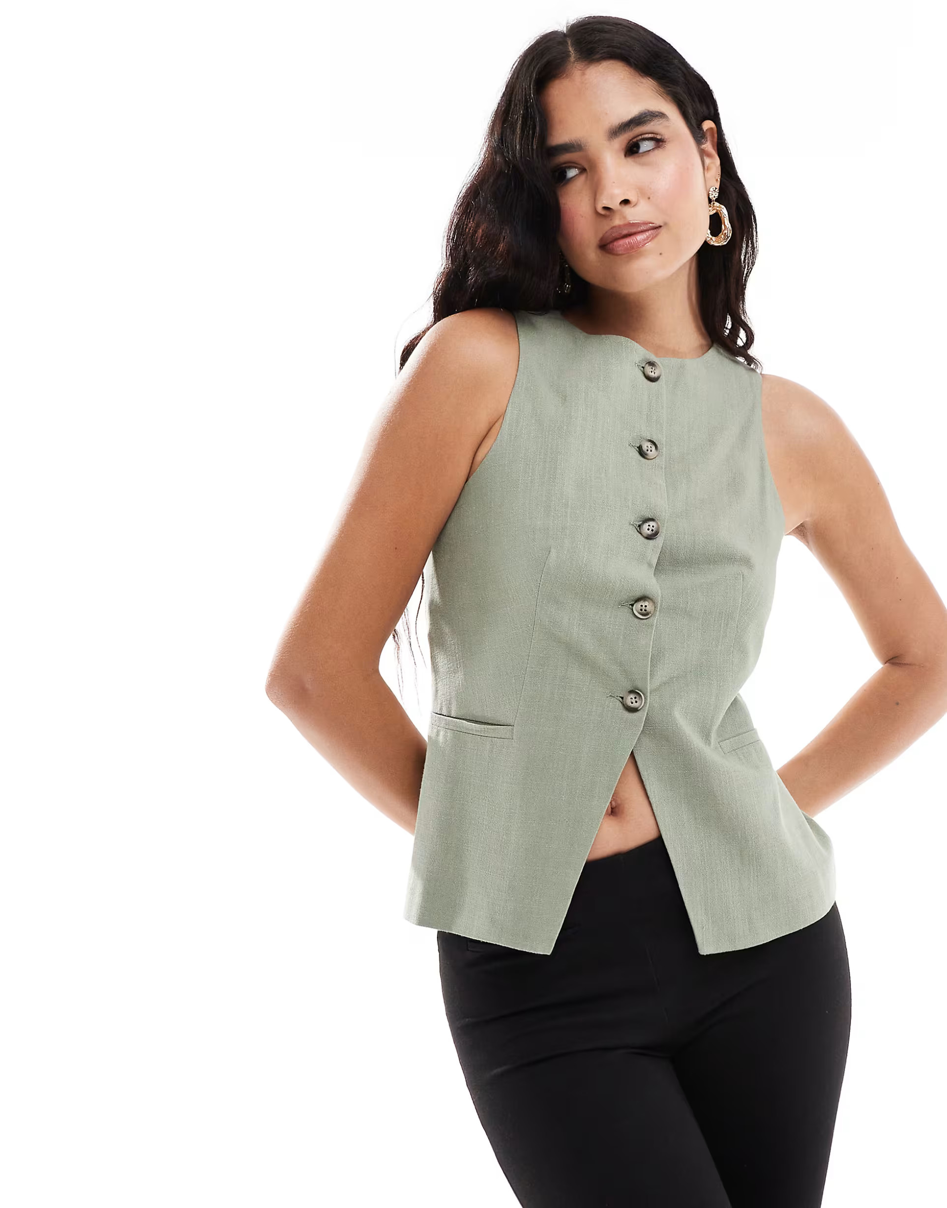 ASOS DESIGN high neck waistcoat in khaki | ASOS (Global)
