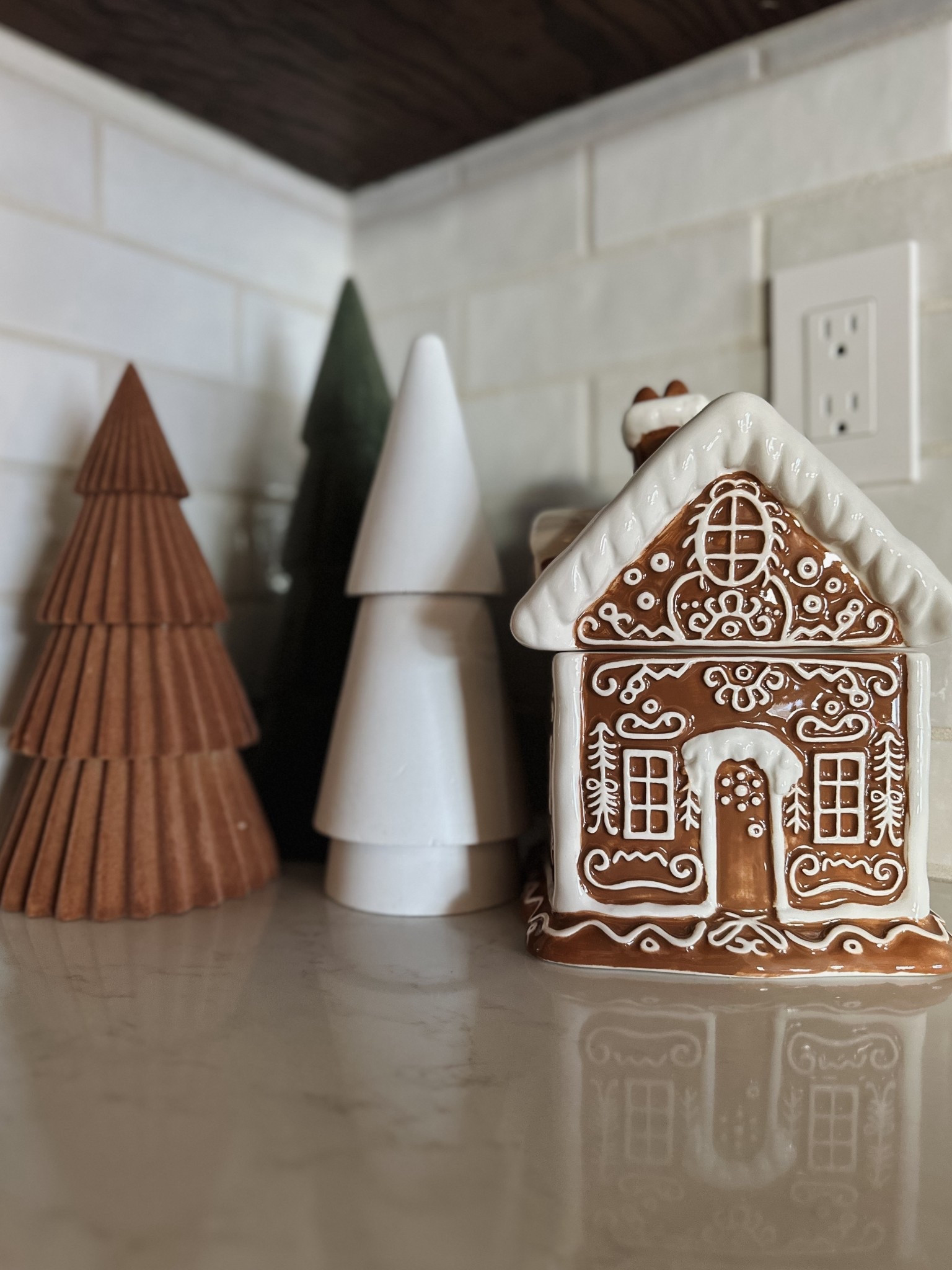 Gingerbread cookie jar and tree statues. Kitchen counter styling 

#LTKHoliday #LTKHome #LTKSeasonal
