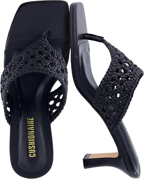 CUSHIONAIRE Spryte Flared Kitten Heels for Women, Square Toe Thong Heeled Sandals with Woven Brai... | Amazon (US)