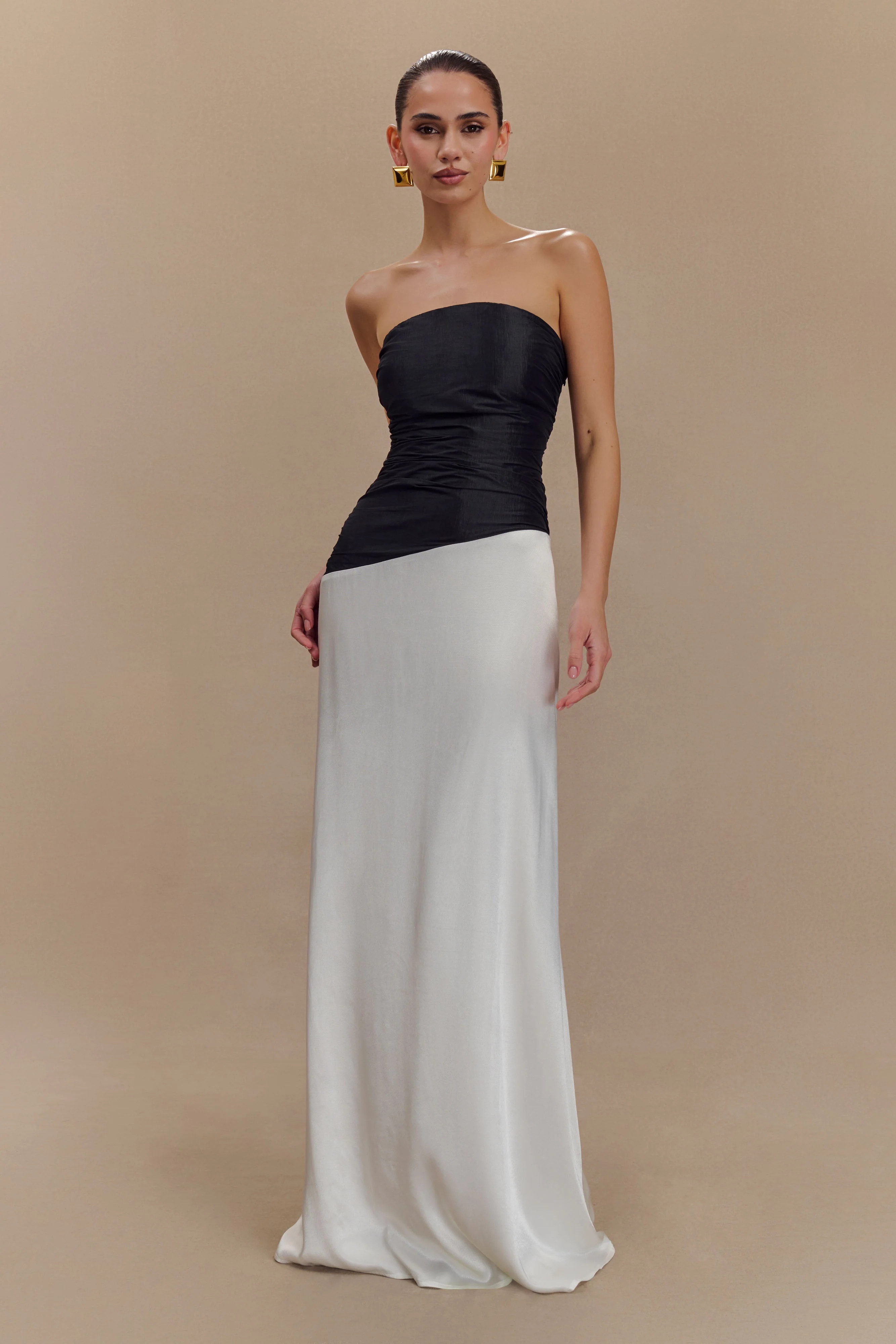 Serena Strapless Taffeta Maxi Dress - White/Black | MESHKI US