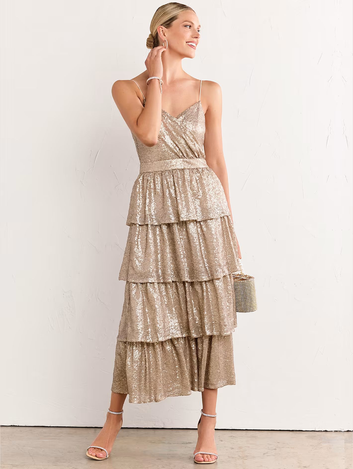 Sleeveless Sequin Tiered Midi Dress - Lena - New York & Company | New York & Company